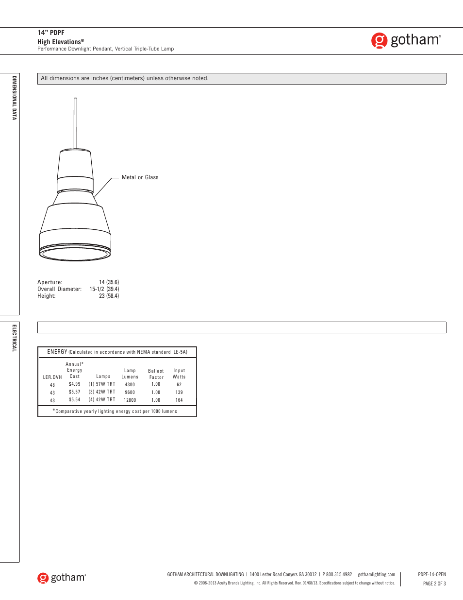 14” pdpf high elevations | Gotham 14 PDPF High Elevations SpecSheet User Manual | Page 2 / 3