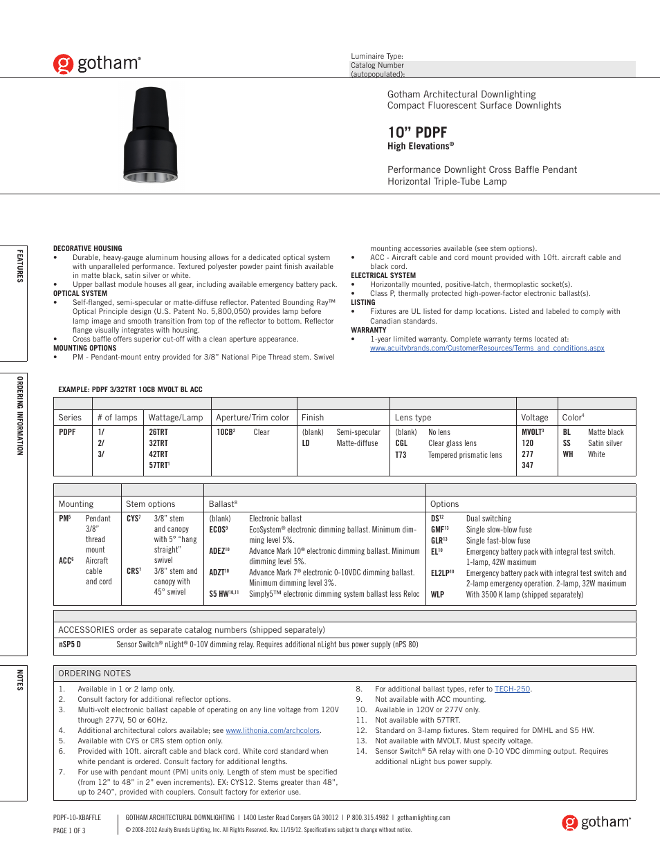 Gotham 10 PDPF High Elevations Baffle SpecSheet User Manual | 3 pages