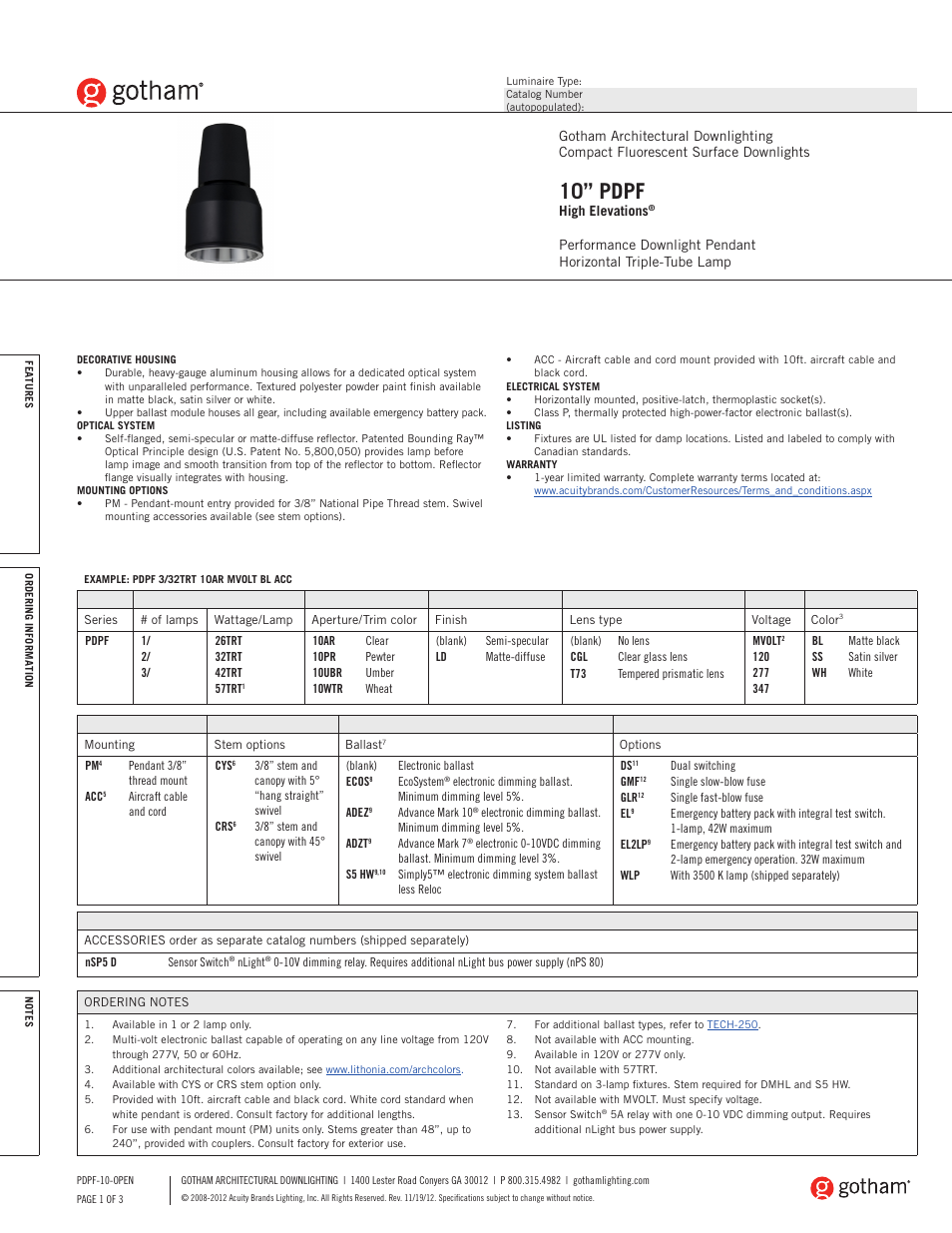 Gotham 10 PDPF High Elevations Downlight SpecSheet User Manual | 3 pages