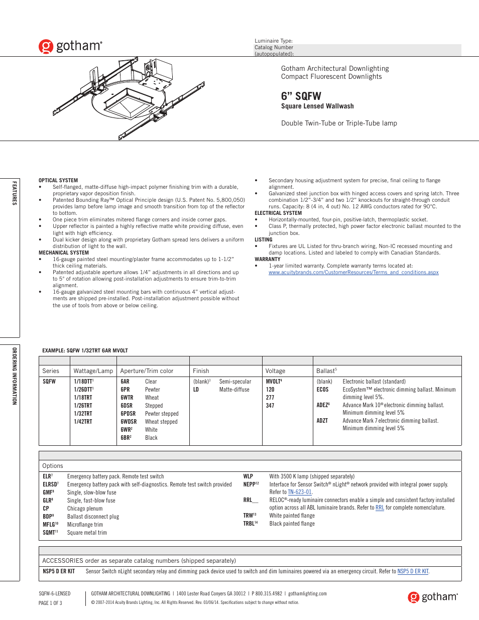 Gotham 6 SQFW Square Lensed Wallwash SpecSheet User Manual | 3 pages