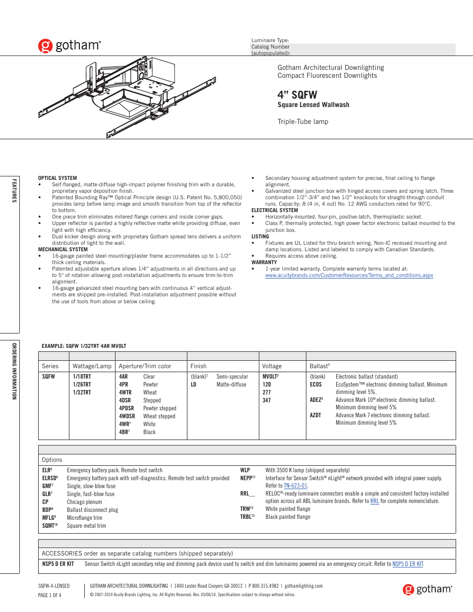 Gotham 4 SQFW Square Lensed Wallwash SpecSheet User Manual | 4 pages