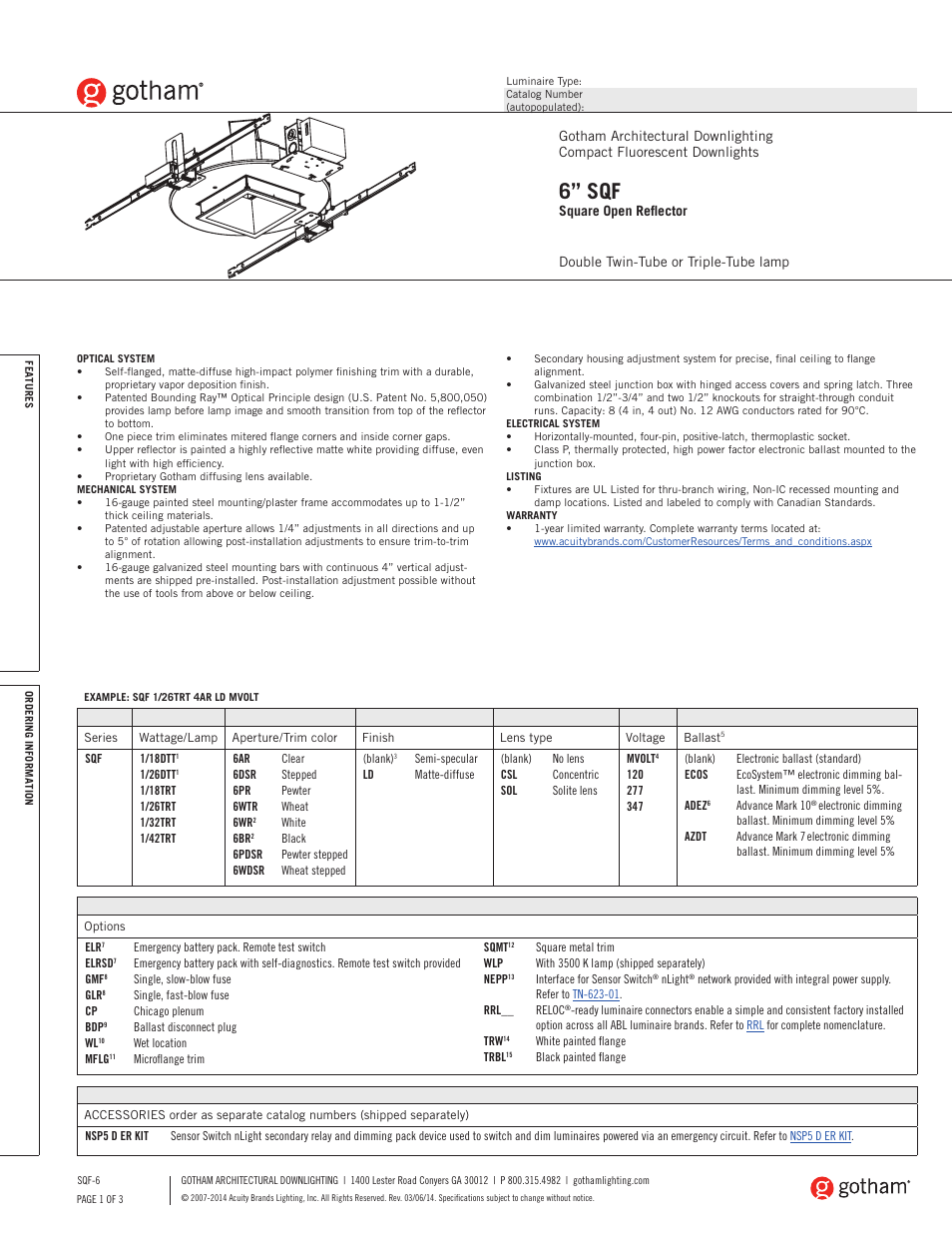 Gotham 6 SQF Square Open Reflector SpecSheet User Manual | 3 pages