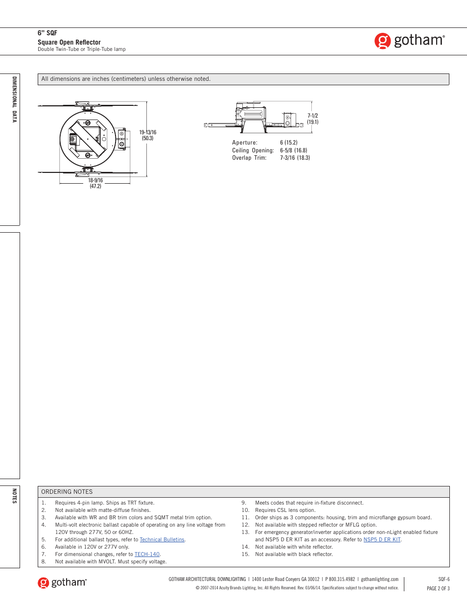 6” sqf square open reflector | Gotham 6 SQF Square Open Reflector SpecSheet User Manual | Page 2 / 3