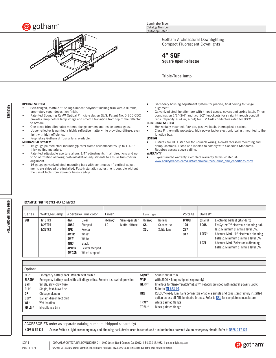 Gotham 4 SQF Square Open Reflector SpecSheet User Manual | 3 pages