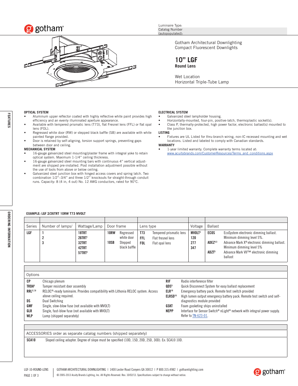 Gotham 10 LGF Round Lens SpecSheet User Manual | 3 pages