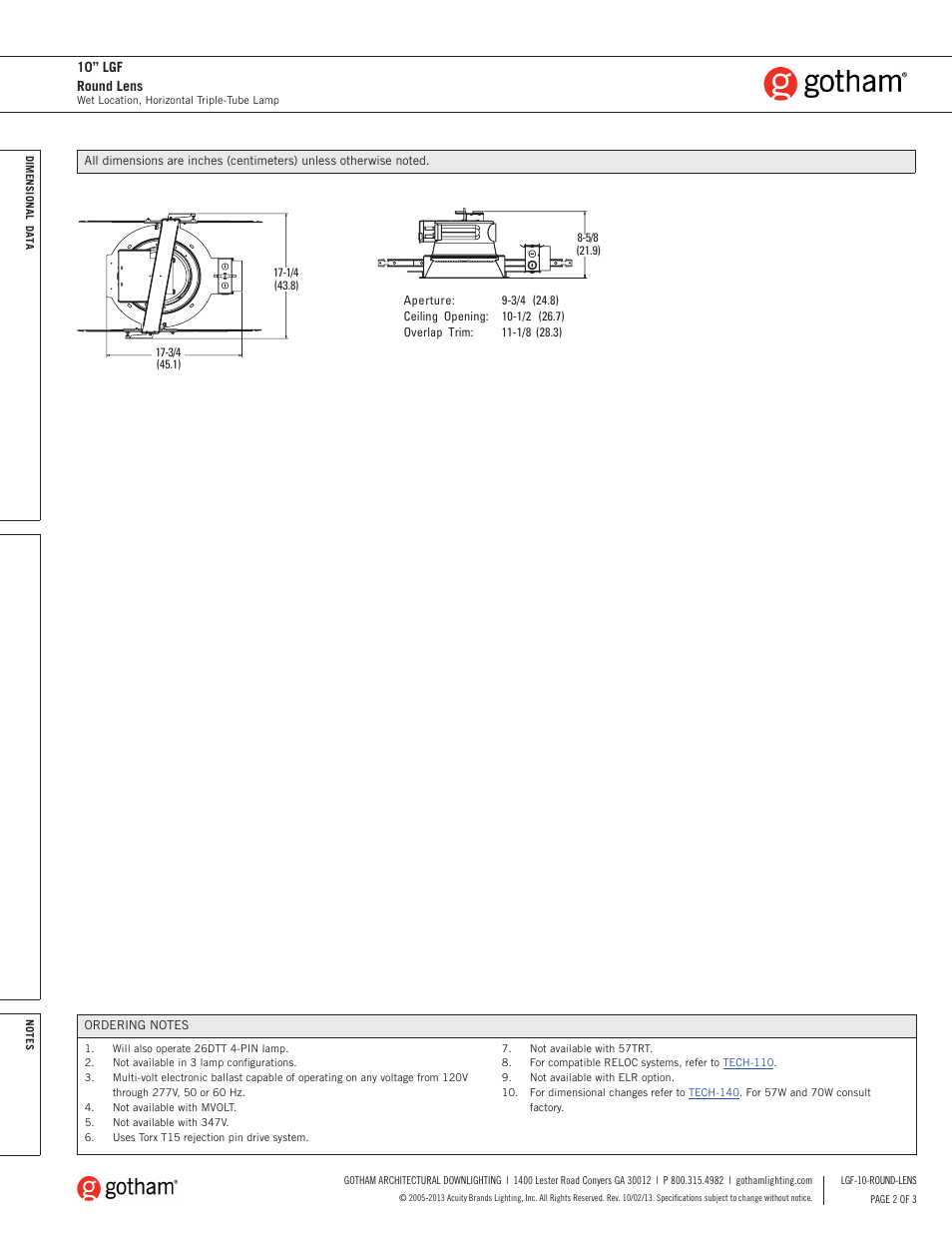 10” lgf round lens | Gotham 10 LGF Round Lens SpecSheet User Manual | Page 2 / 3