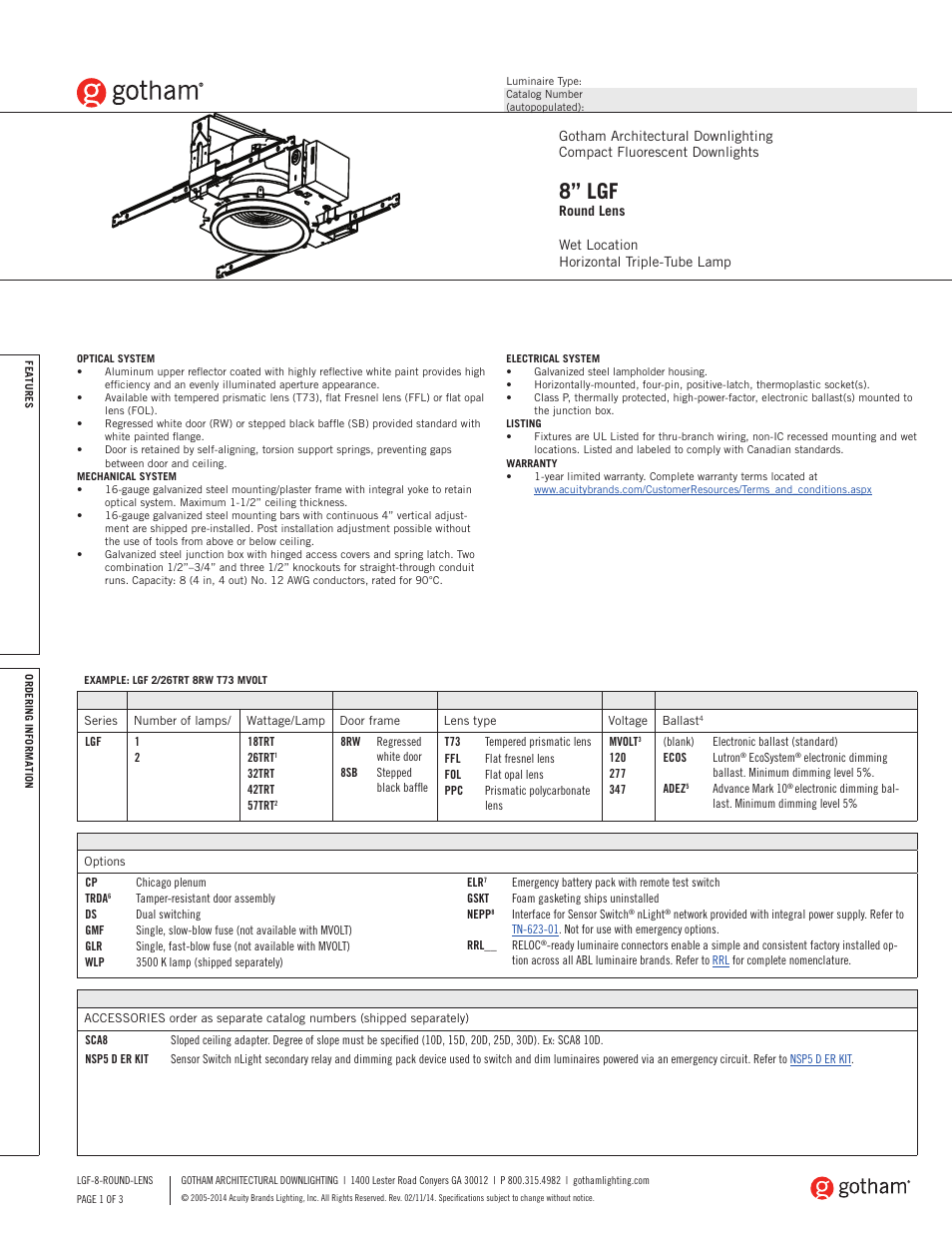 Gotham 8 LGF Round Lens SpecSheet User Manual | 3 pages