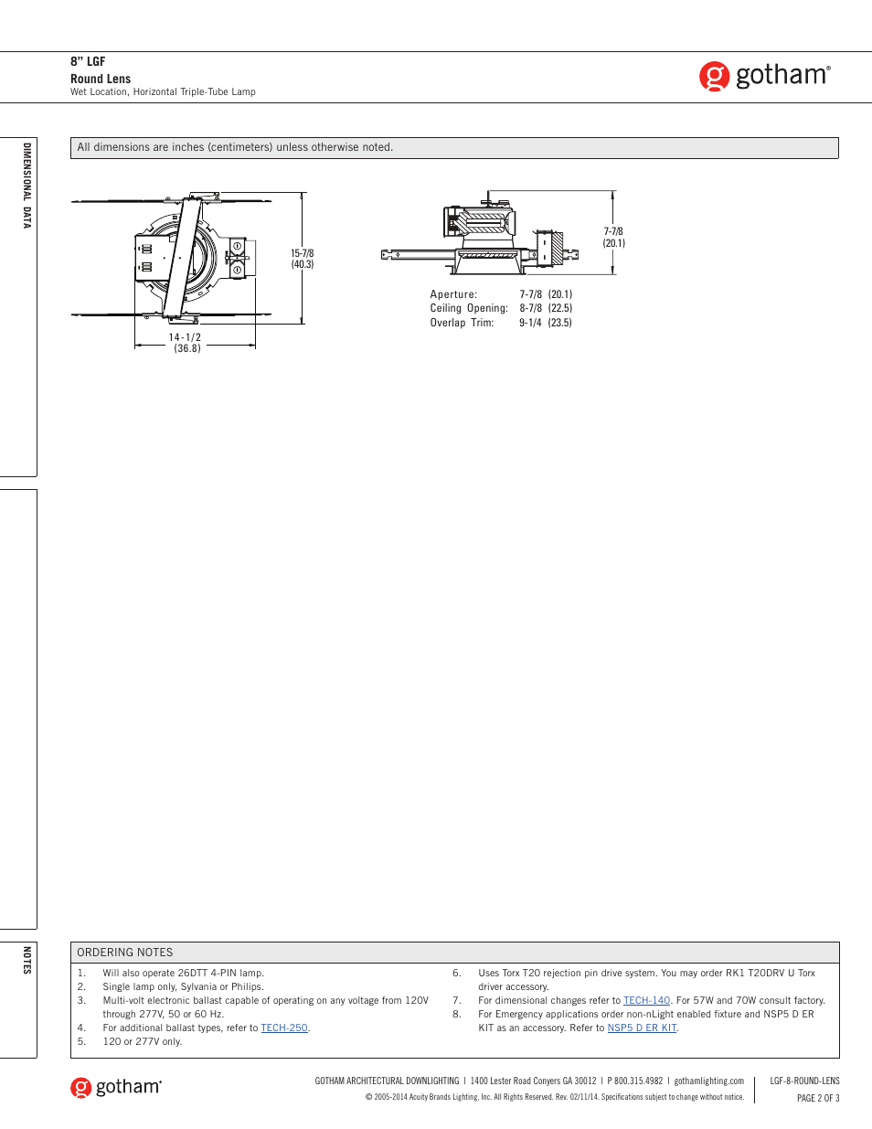 8” lgf round lens | Gotham 8 LGF Round Lens SpecSheet User Manual | Page 2 / 3