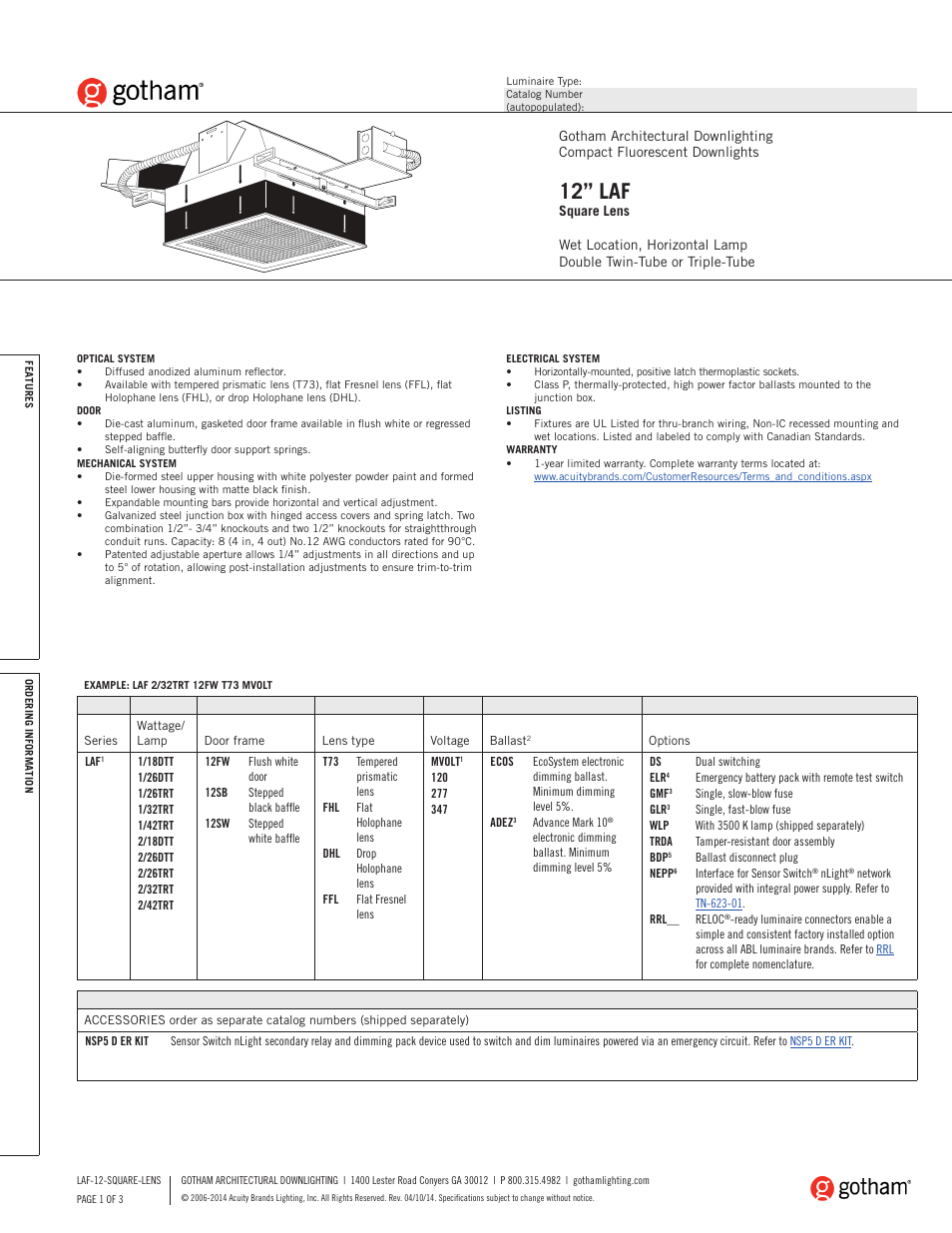 Gotham 12 LAF Square Lens SpecSheet User Manual | 3 pages