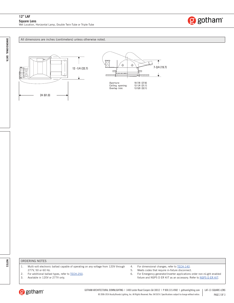 12” laf square lens | Gotham 12 LAF Square Lens SpecSheet User Manual | Page 2 / 3