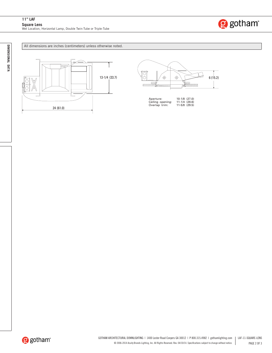 11” laf square lens | Gotham 11 LAF Square Lens SpecSheet User Manual | Page 2 / 3