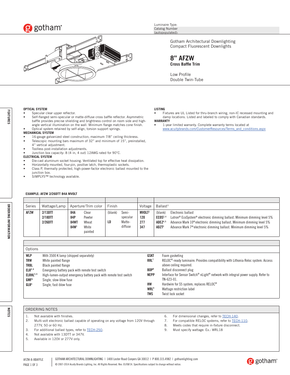 Gotham 8 AFZW Cross Baffle Trim SpecSheet User Manual | 3 pages