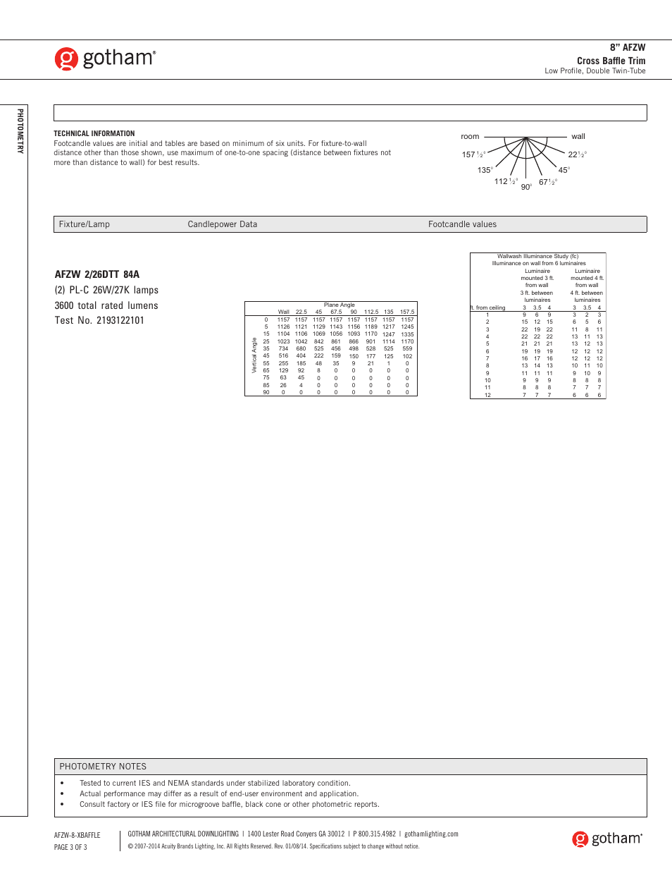 8” afzw cross baffle trim, Fixture/lamp candlepower data footcandle values | Gotham 8 AFZW Cross Baffle Trim SpecSheet User Manual | Page 3 / 3