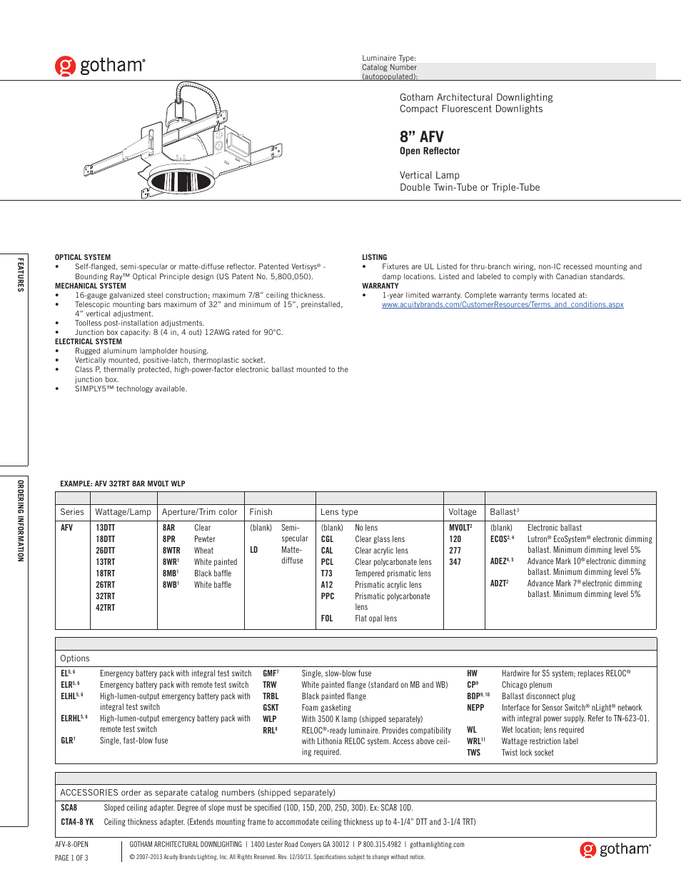 Gotham 8 AFV Open Reflector SpecSheet User Manual | 3 pages