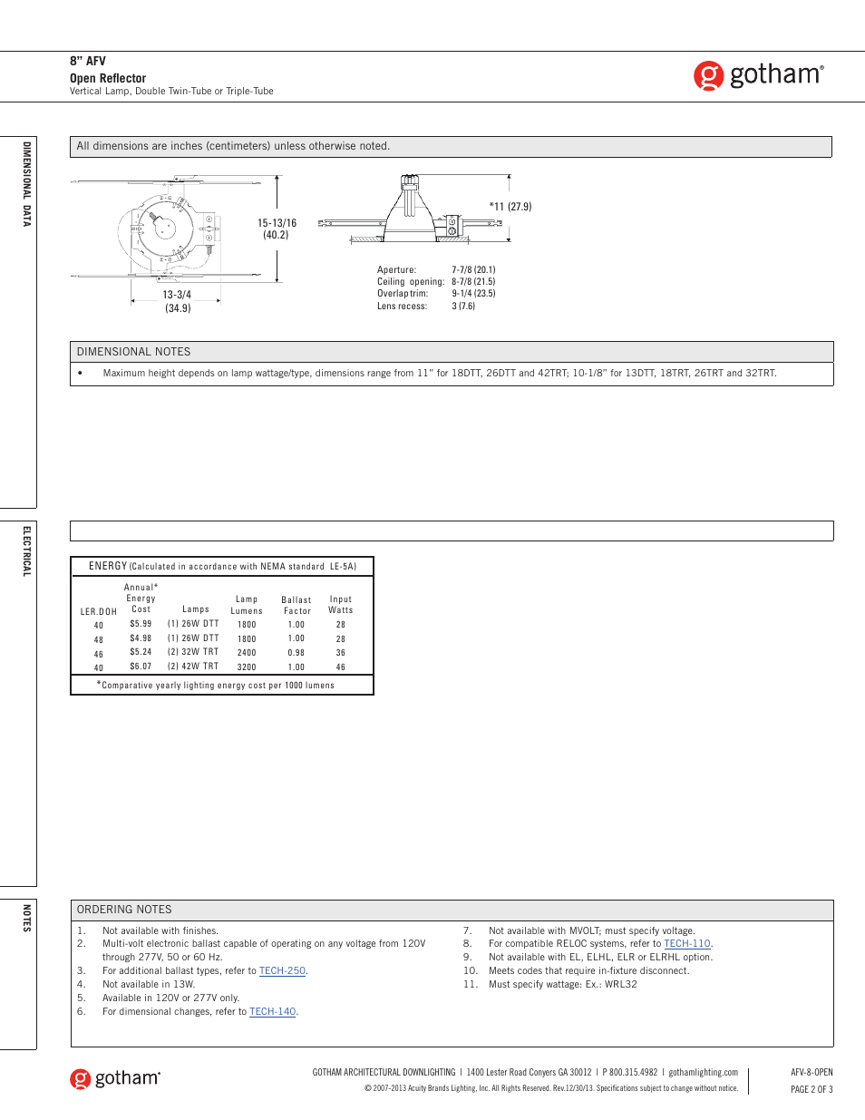 8” afv open reflector | Gotham 8 AFV Open Reflector SpecSheet User Manual | Page 2 / 3