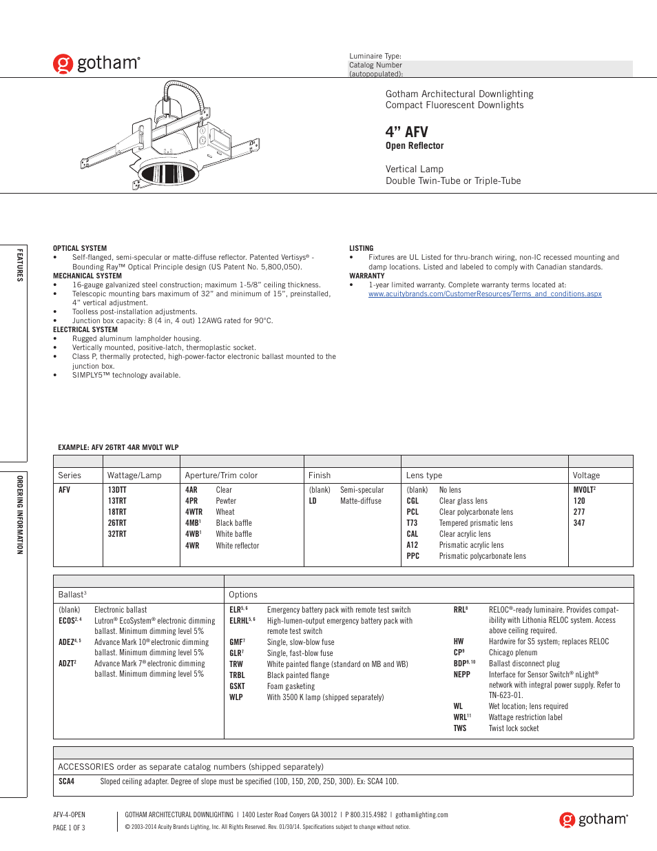 Gotham 4 AFV Open Reflector SpecSheet User Manual | 3 pages