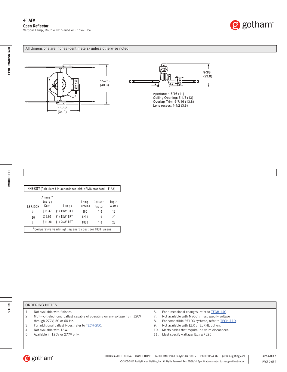 4” afv open reflector | Gotham 4 AFV Open Reflector SpecSheet User Manual | Page 2 / 3