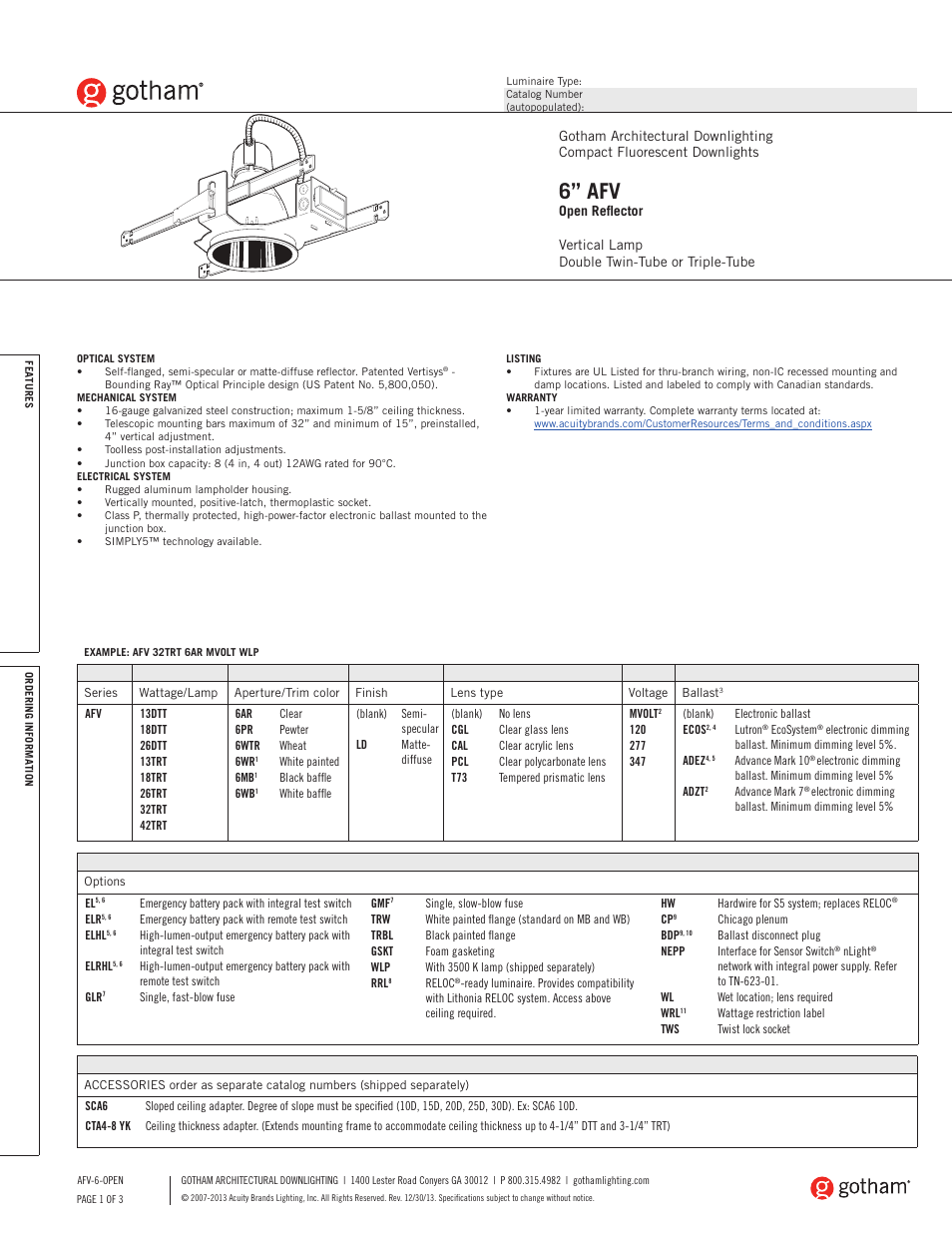 Gotham 6 AFV Open Reflector SpecSheet User Manual | 3 pages