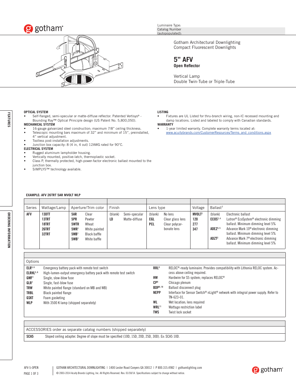Gotham 5 AFV Open Reflector SpecSheet User Manual | 3 pages