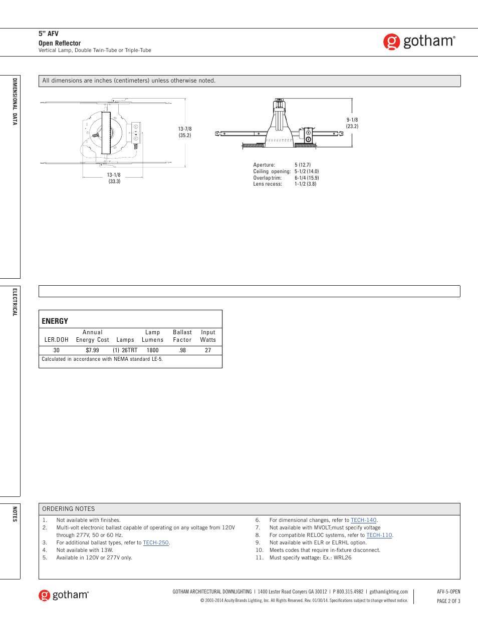 Energy, 5” afv open reflector | Gotham 5 AFV Open Reflector SpecSheet User Manual | Page 2 / 3