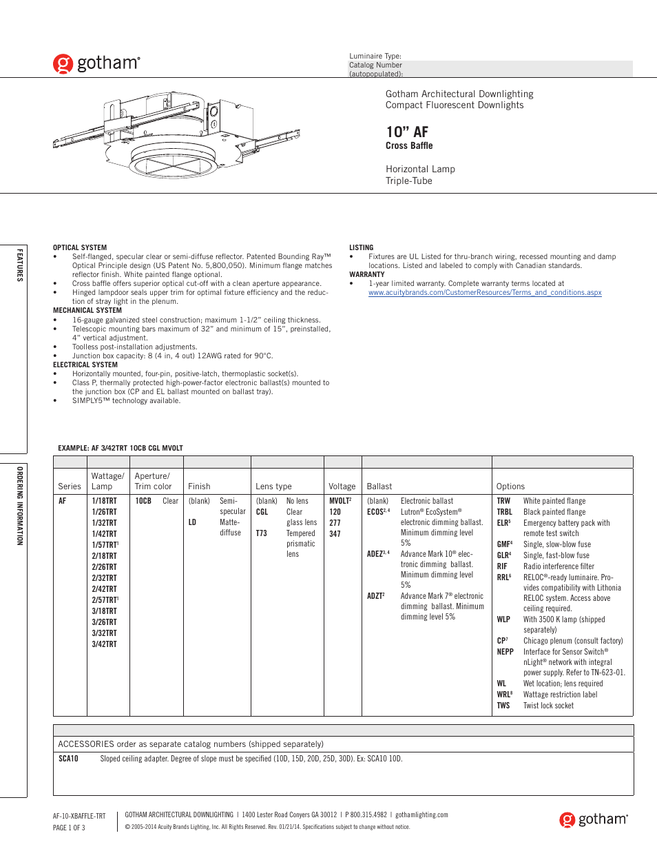 Gotham 10 AF Cross Baffle SpecSheet User Manual | 3 pages