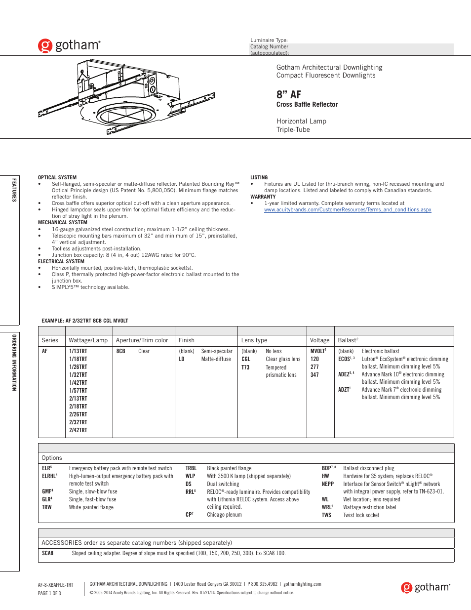 Gotham 8 AF Cross Baffle Reflector SpecSheet User Manual | 3 pages