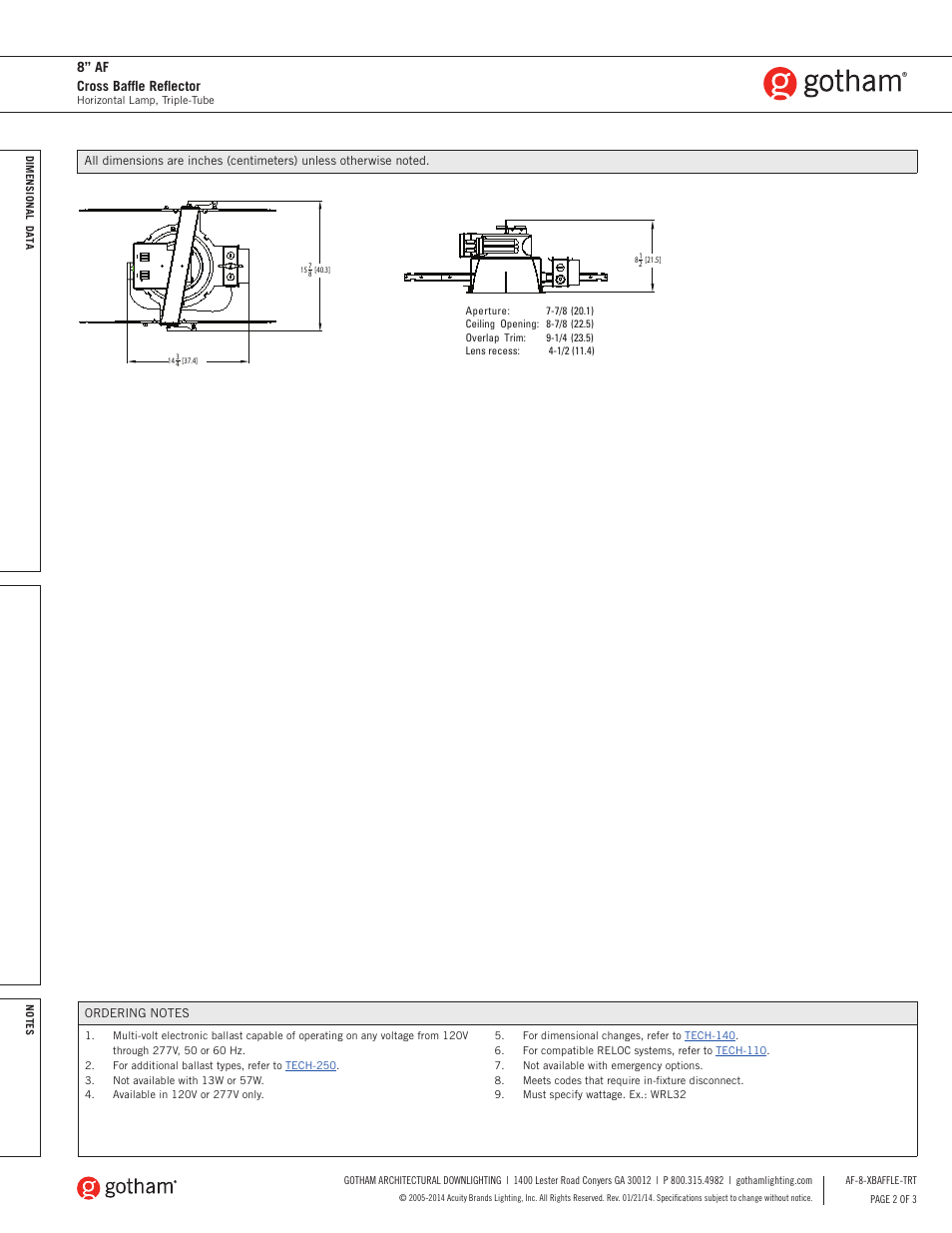 8” af cross baffle reflector | Gotham 8 AF Cross Baffle Reflector SpecSheet User Manual | Page 2 / 3