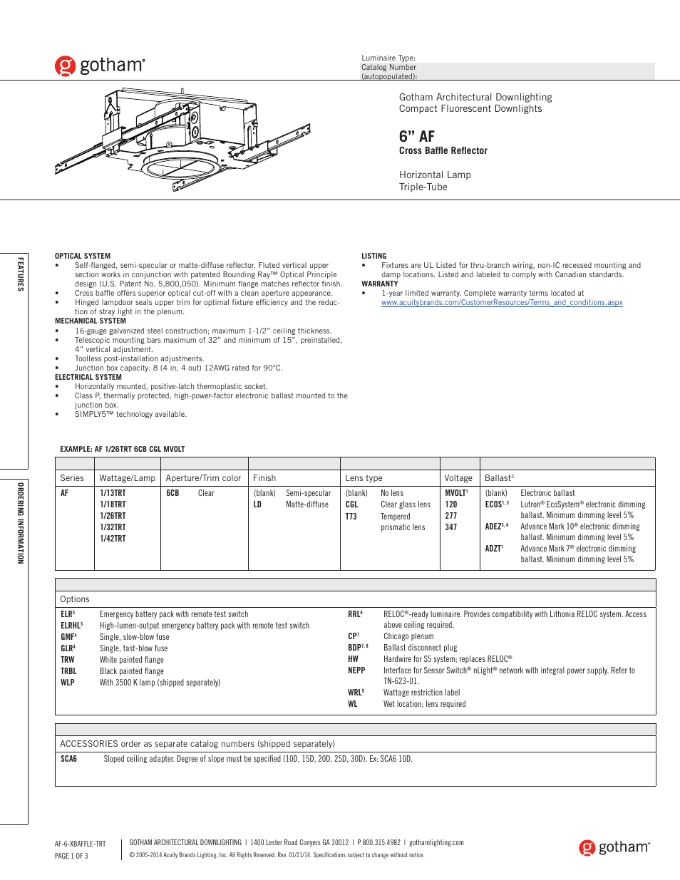 Gotham 6 AF Cross Baffle Reflector SpecSheet User Manual | 3 pages