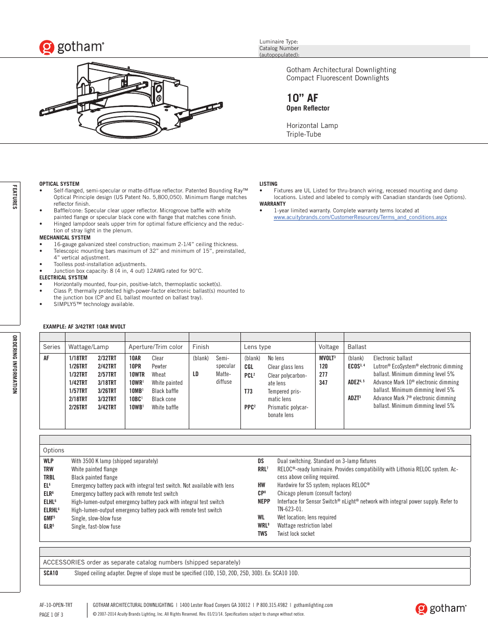 Gotham 10 AF Open Reflector TRT SpecSheet User Manual | 3 pages