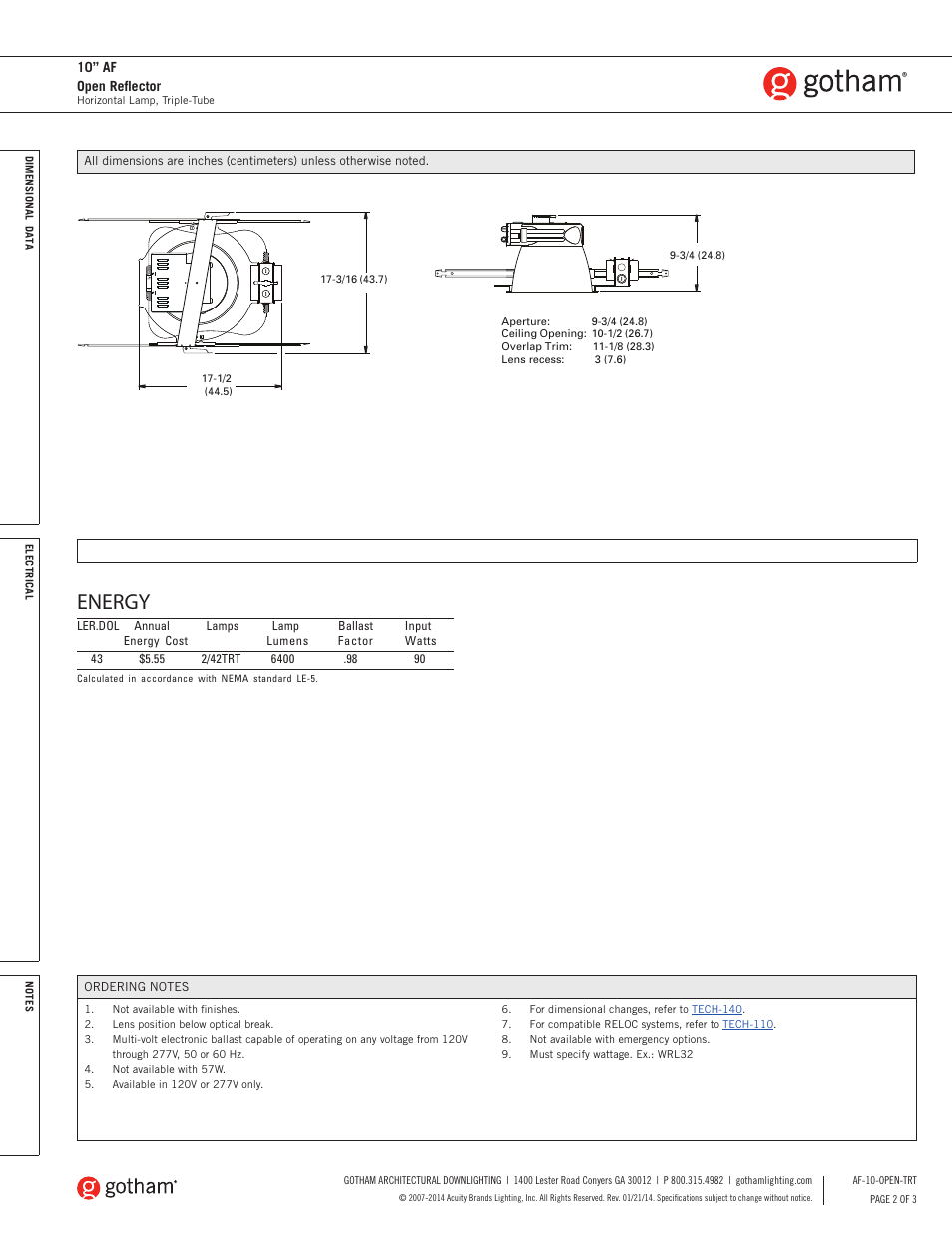 Energy | Gotham 10 AF Open Reflector TRT SpecSheet User Manual | Page 2 / 3
