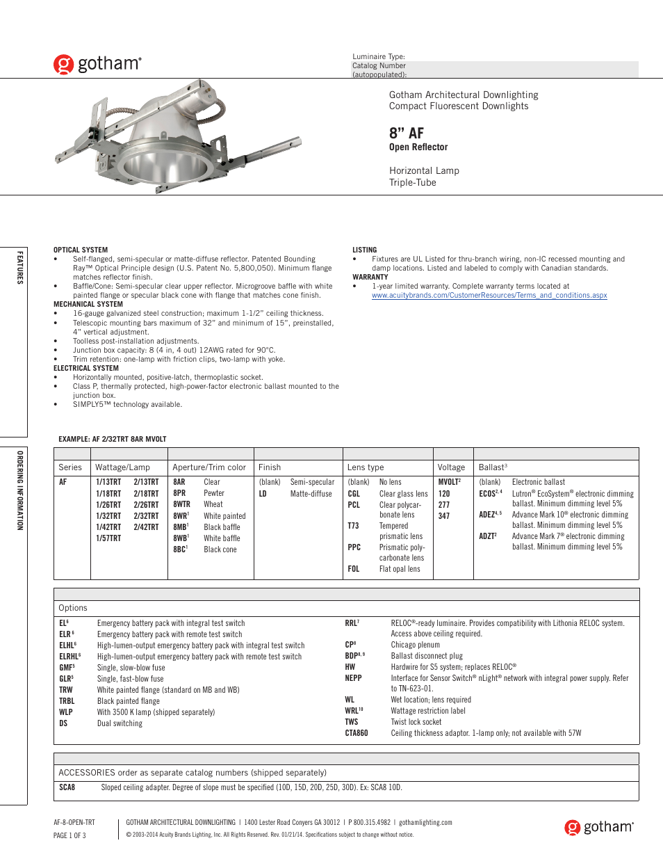Gotham 8 AF Open Reflector TRT SpecSheet User Manual | 3 pages