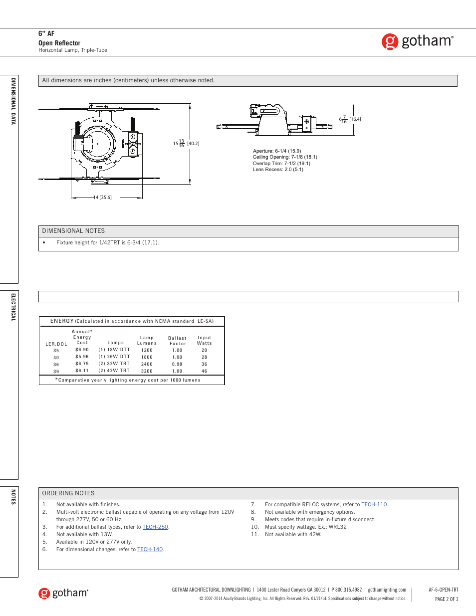 6” af open reflector | Gotham 6 AF Open Reflector TRT SpecSheet User Manual | Page 2 / 3