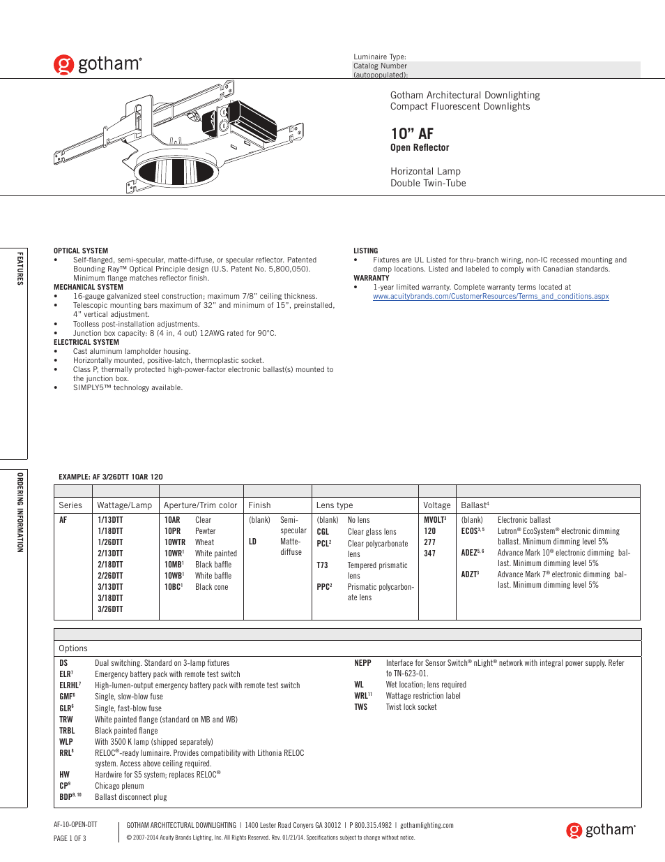 Gotham 10 AF Open Reflector DTT SpecSheet User Manual | 3 pages