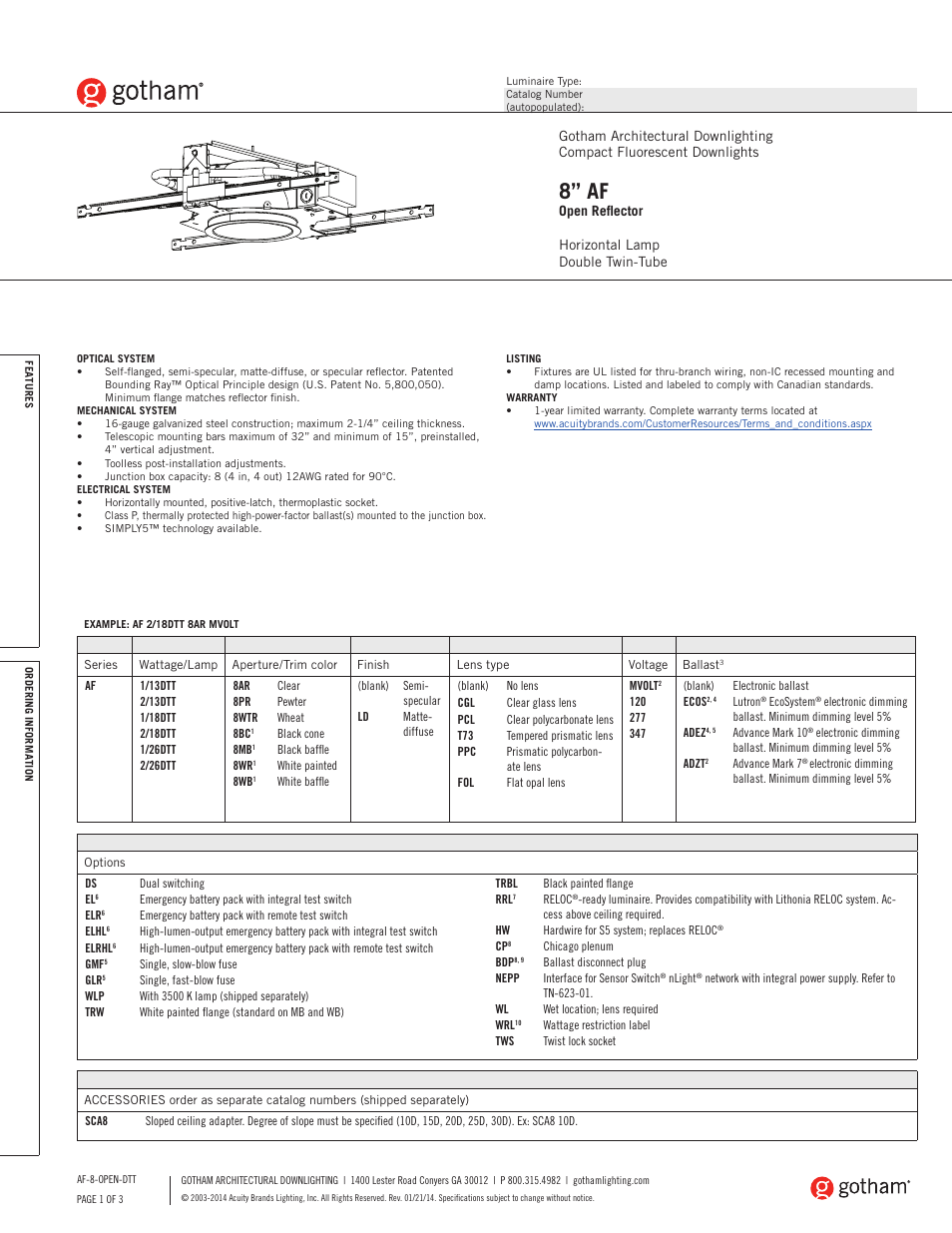 Gotham 8 AF Open Reflector DTT SpecSheet User Manual | 3 pages