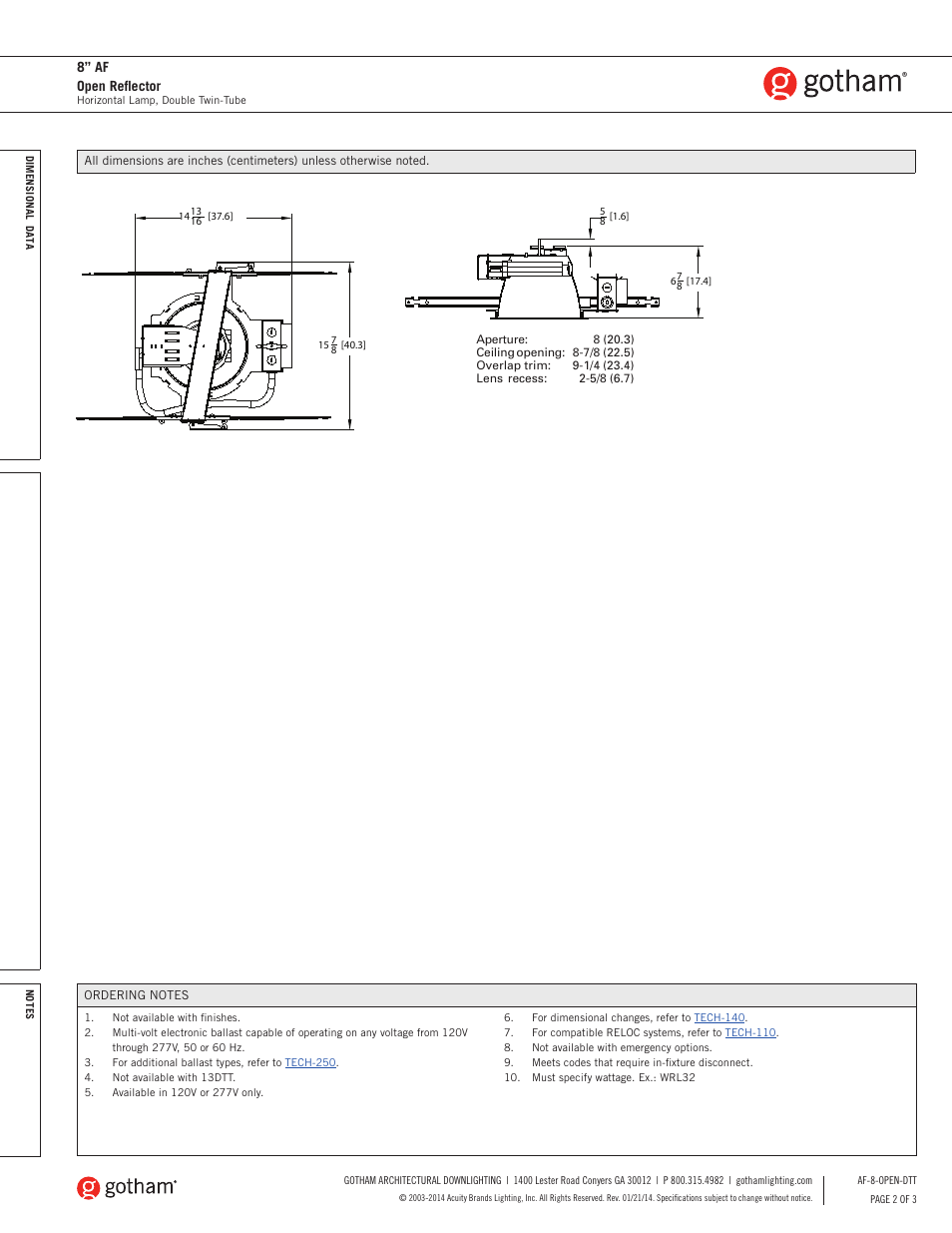 8” af open reflector | Gotham 8 AF Open Reflector DTT SpecSheet User Manual | Page 2 / 3