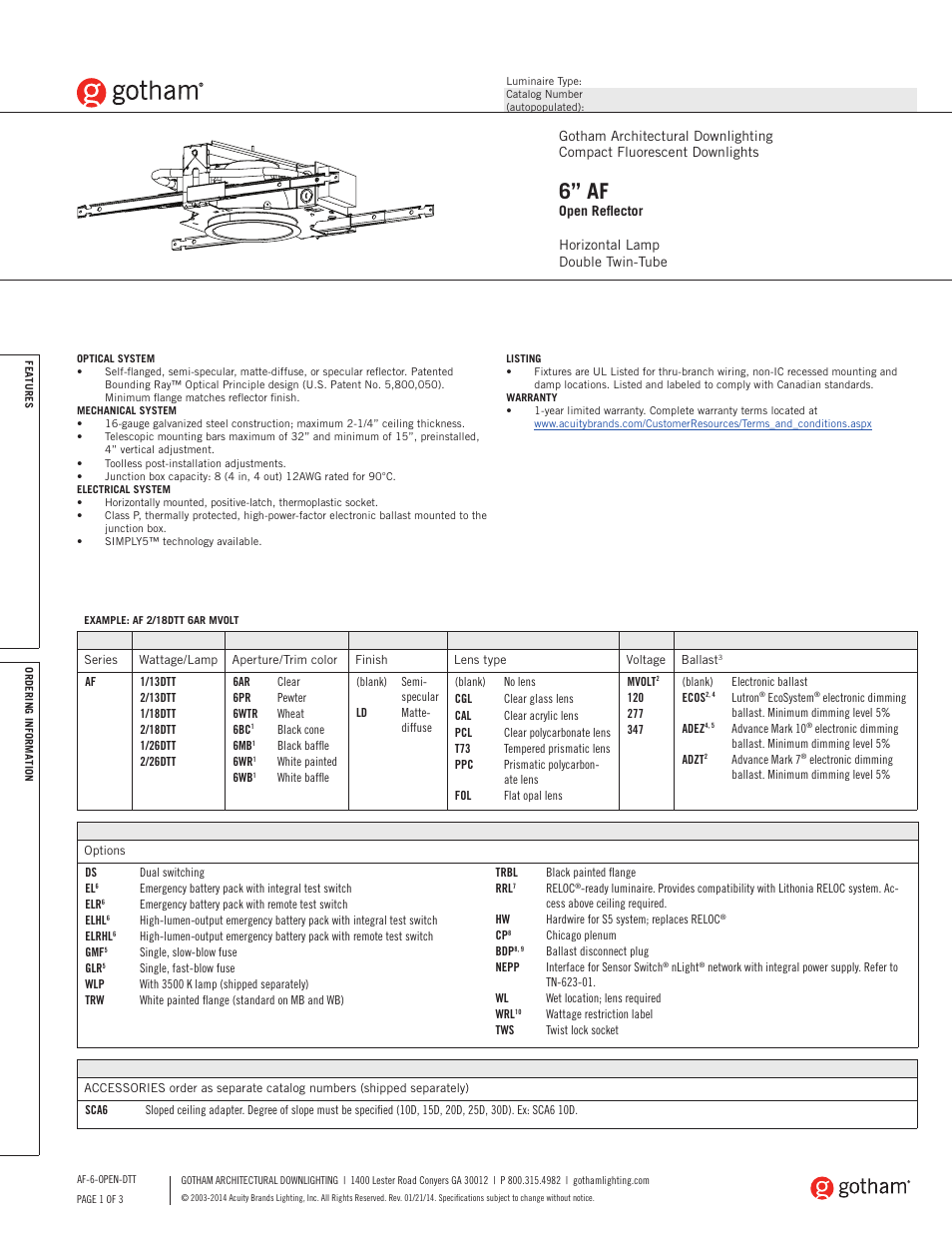 Gotham 6 AF Open Reflector DTT SpecSheet User Manual | 3 pages