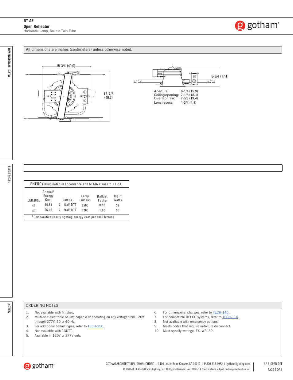 6” af open reflector | Gotham 6 AF Open Reflector DTT SpecSheet User Manual | Page 2 / 3