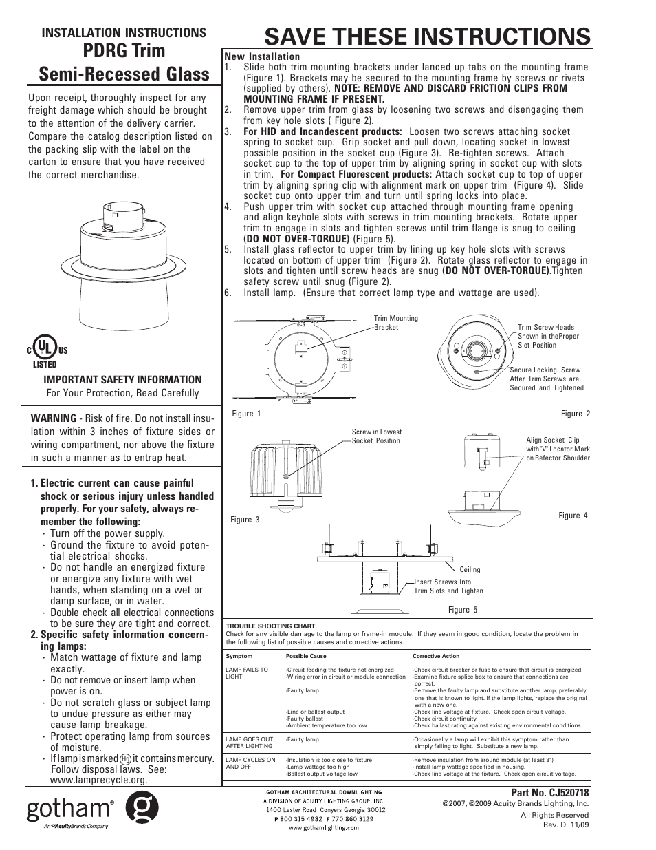 Gotham PDRG Trim Semi-Recessed Glass User Manual | 1 page