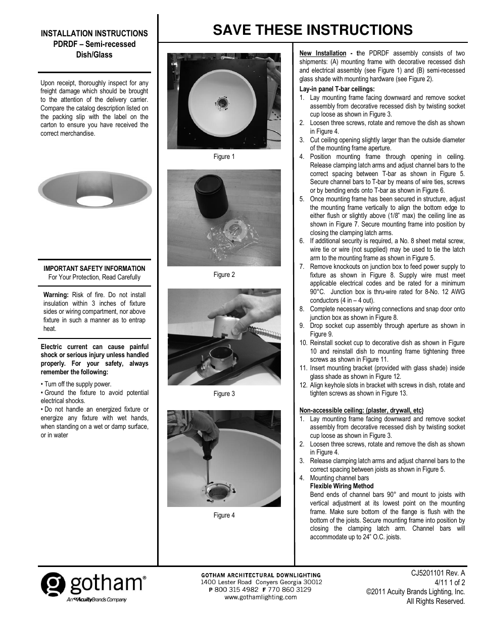 Gotham PDRDF – Semi-recessed Dish_Glass User Manual | 2 pages