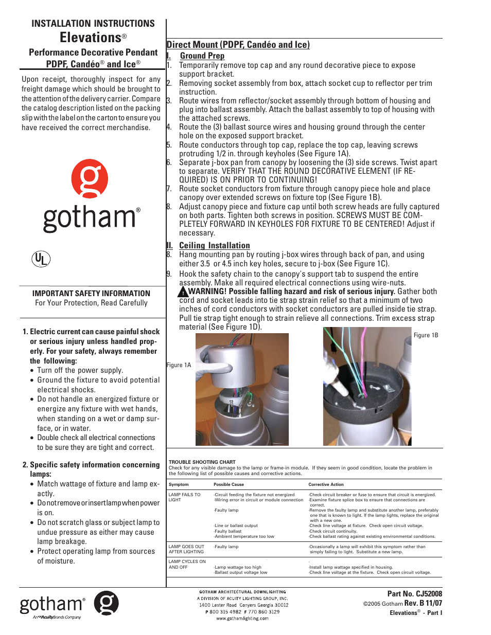 Gotham Elevations Performance Decorative Pendant PDPF, Candéo and Ice User Manual | 2 pages