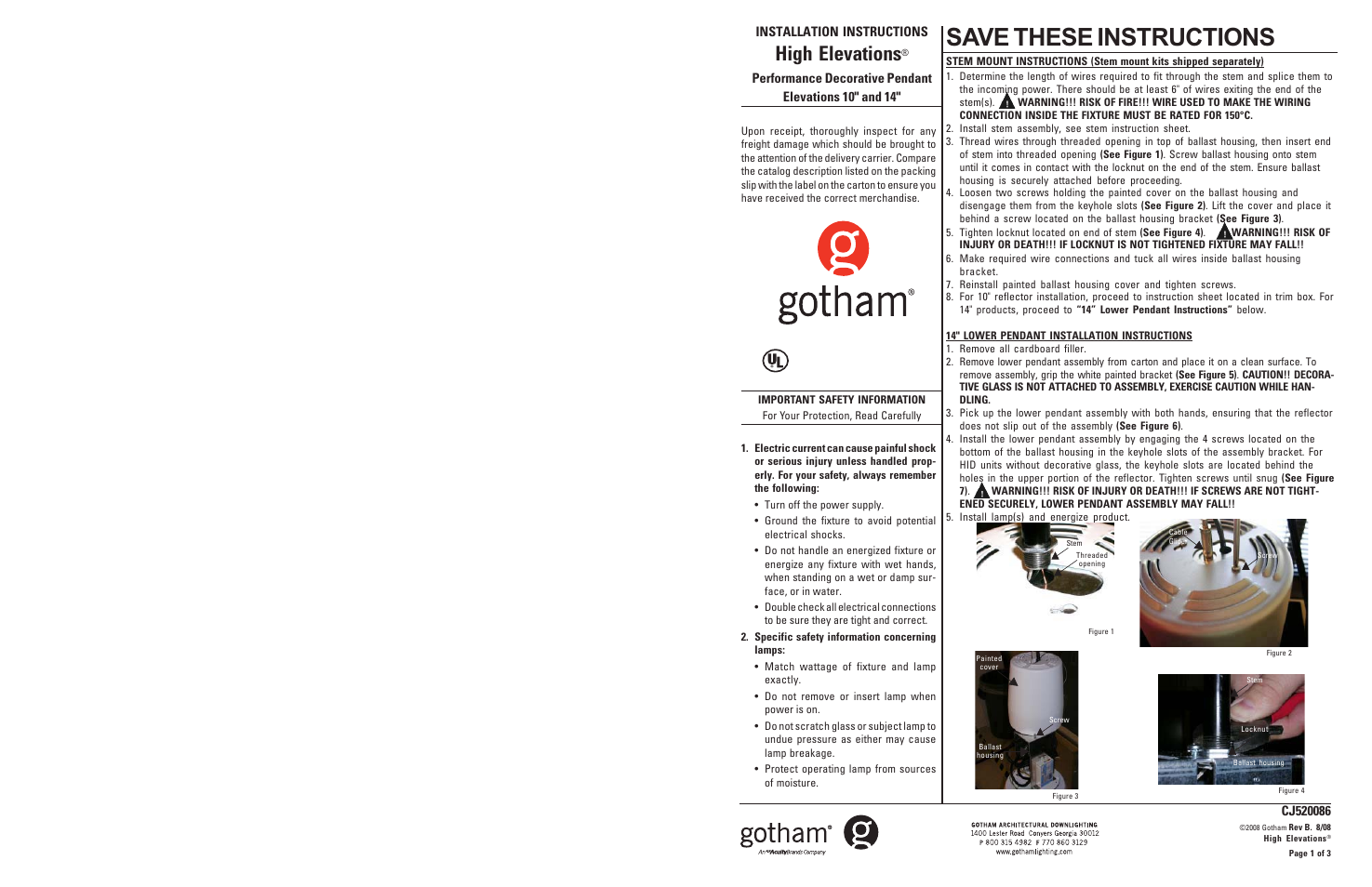 Gotham High Elevations Performance Decorative Pendant 10 and 14 User Manual | 2 pages