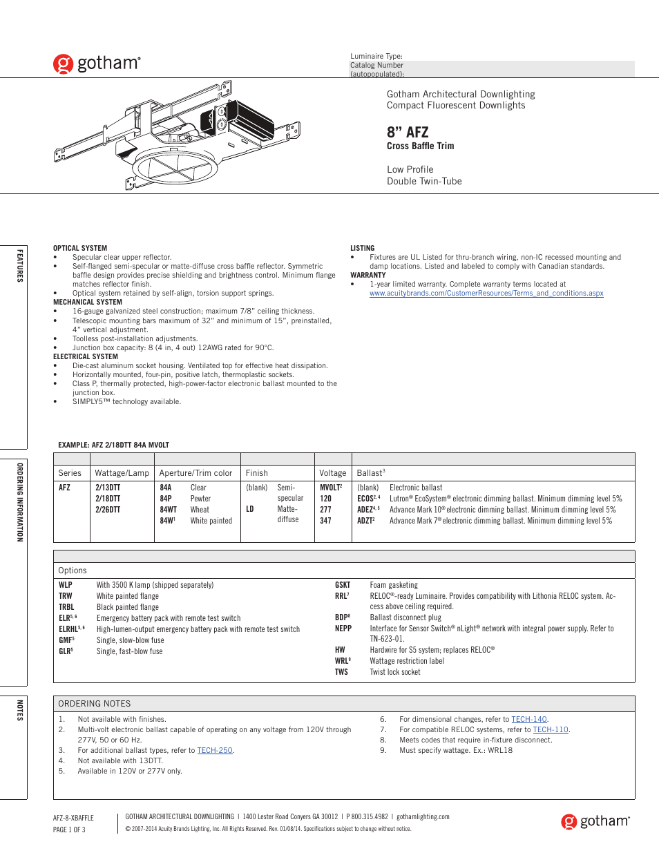 Gotham 8 AFZ Cross Baffle Trim SpecSheet User Manual | 3 pages