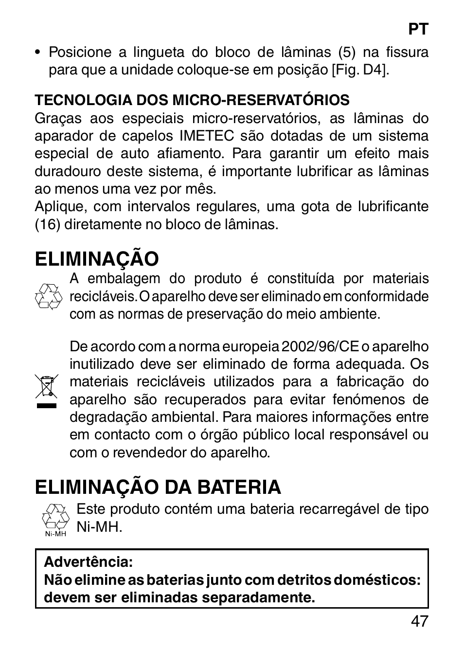Eliminação, Eliminação da bateria | Imetec HI MAN EXPERT HC7 200 User Manual | Page 54 / 128