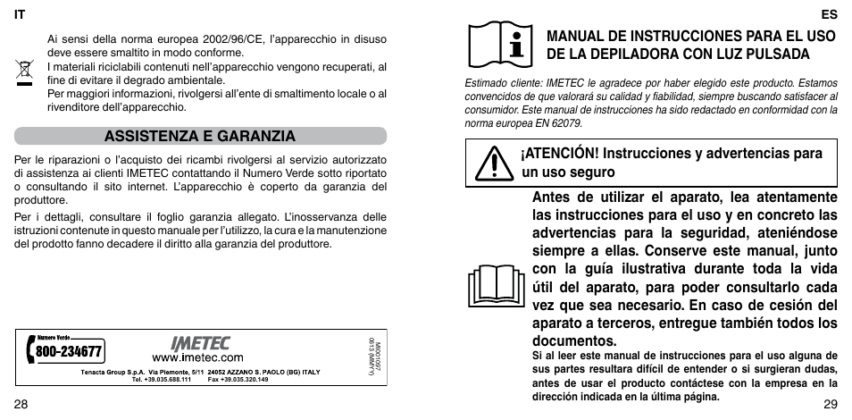 Assistenza e garanzia | Imetec BELLISSIMA ZERO User Manual | Page 16 / 59