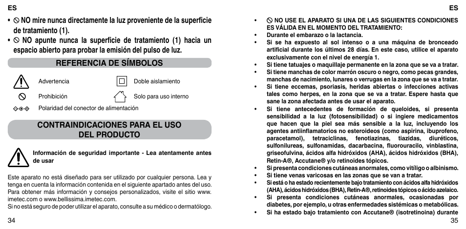 Contraindicaciones para el uso del producto | Imetec BELLISSIMA ZERO User Manual | Page 19 / 59