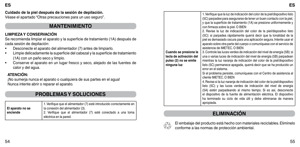 Mantenimiento, Problemas y soluciones, Eliminación | Imetec BELLISSIMA ZERO User Manual | Page 29 / 59