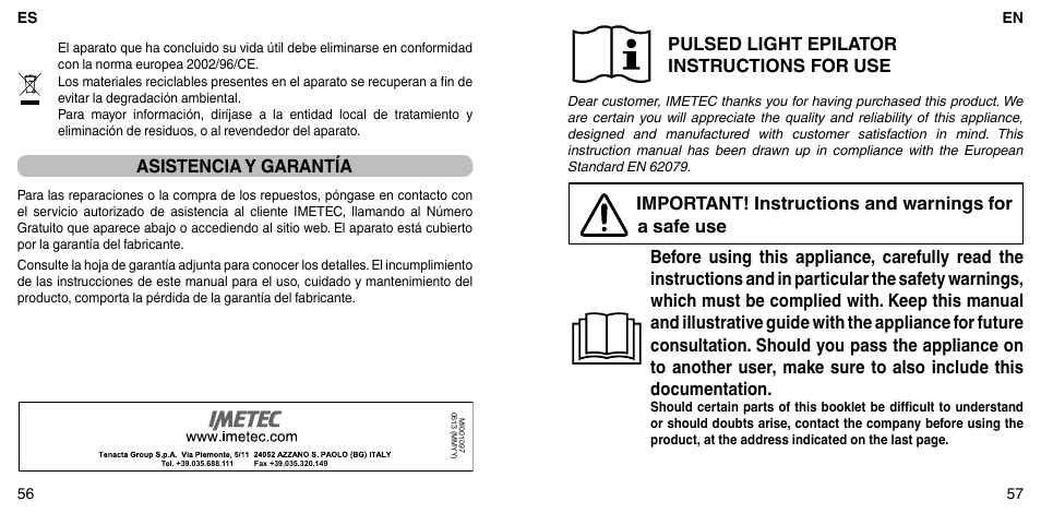 Asistencia y garantía, Pulsed light epilator instructions for use | Imetec BELLISSIMA ZERO User Manual | Page 30 / 59