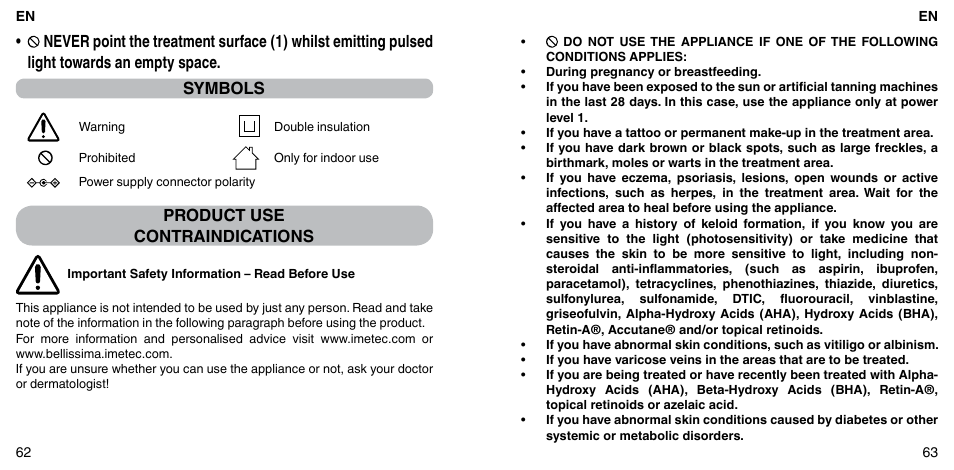 Product use contraindications | Imetec BELLISSIMA ZERO User Manual | Page 33 / 59