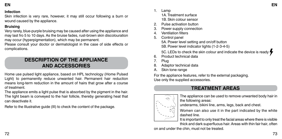 Description of the appliance and accessories, Treatment areas | Imetec BELLISSIMA ZERO User Manual | Page 38 / 59