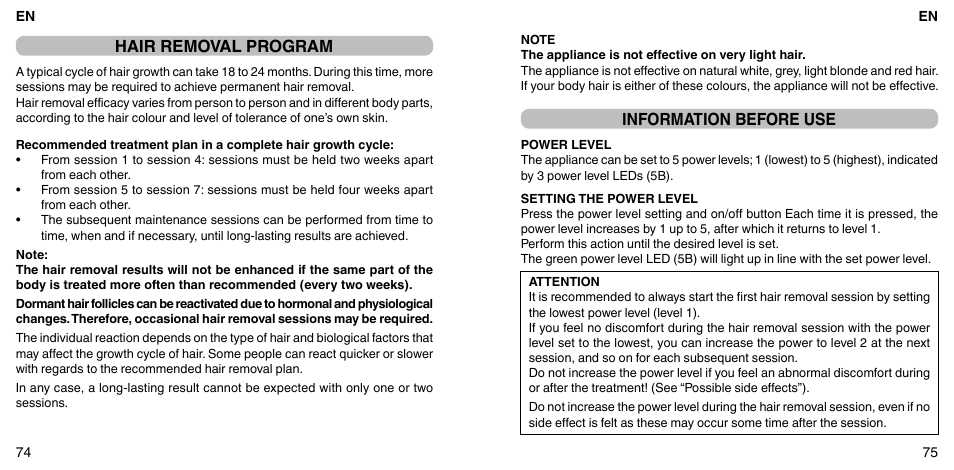 Hair removal program, Information before use | Imetec BELLISSIMA ZERO User Manual | Page 39 / 59